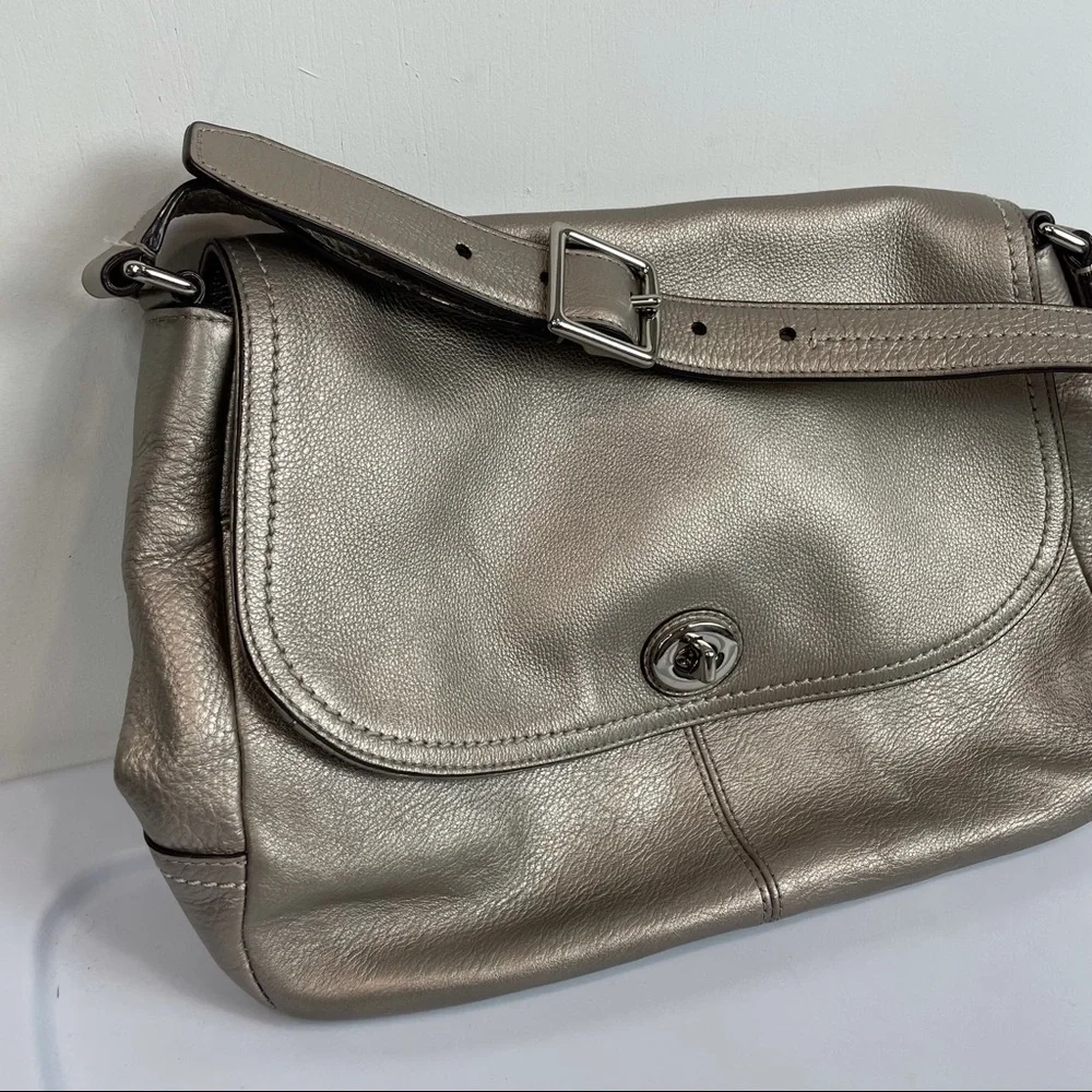 Coach Park Leather Flap Shoulder Bag Metallic Silver